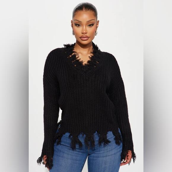 Fashion Nova Oversized Distressed Sweater Womens M Black Grunge Edgy Streetwear - Picture 2 of 7